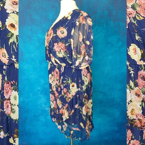 NWT AVLN Navy Floral Faux Wrap Mesh Dress 3X - Picture 5 of 9